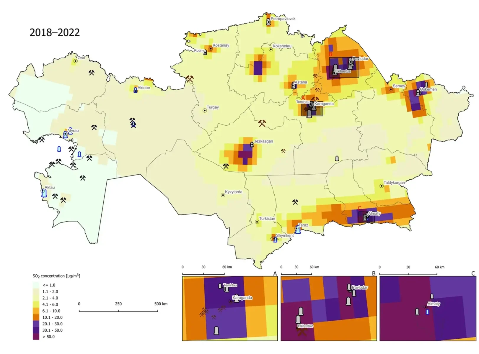 Map of Kazachstan SO2 pollution